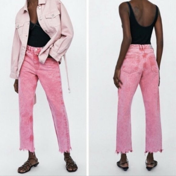 Zara Denim - Zara Pink Mom Fit Jeans Raw Frayed Hem NWT